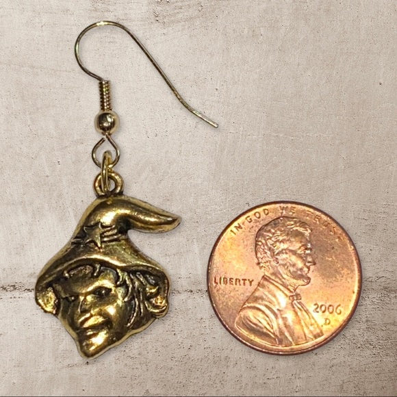 Hand Crafted Earrings Witch Dangle Pierced Halloween Charm Gold Spooky - Picture 2 of 5
